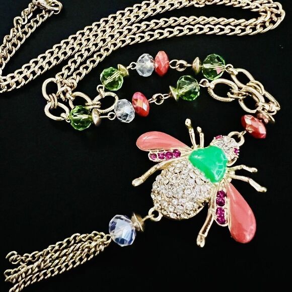 Whimsical BUMBLE BEE Pink Green Rhinestone Enamel Crystal Pendant Necklace - Picture 1 of 9